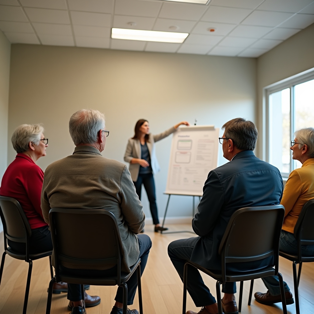 Group of older adults attending a workshop on recognizing financial fraud
