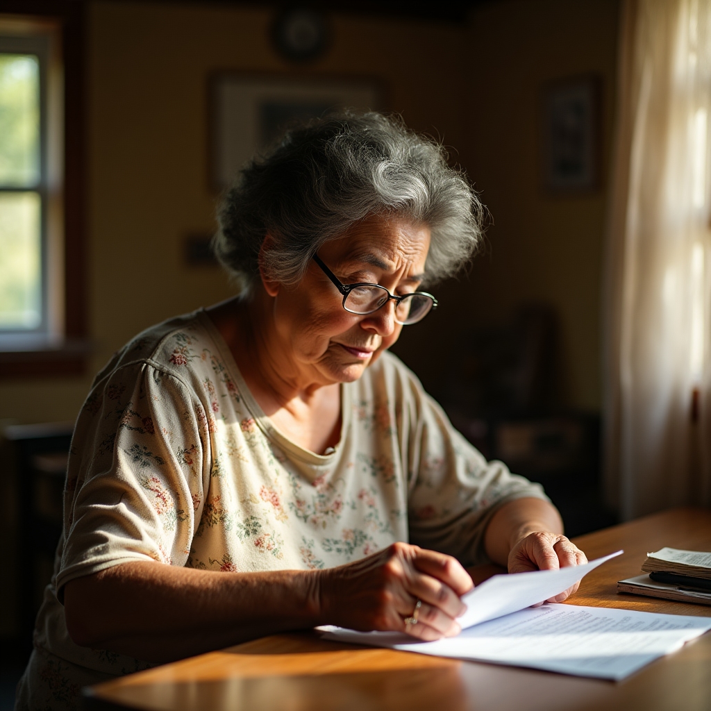 Older adult woman studying financial documents at home in Ecuador