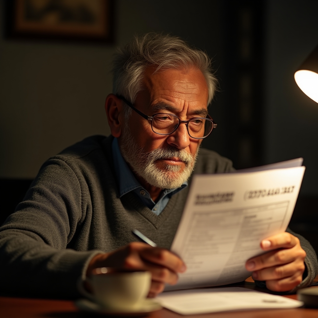Older man carefully reviewing his pension documents