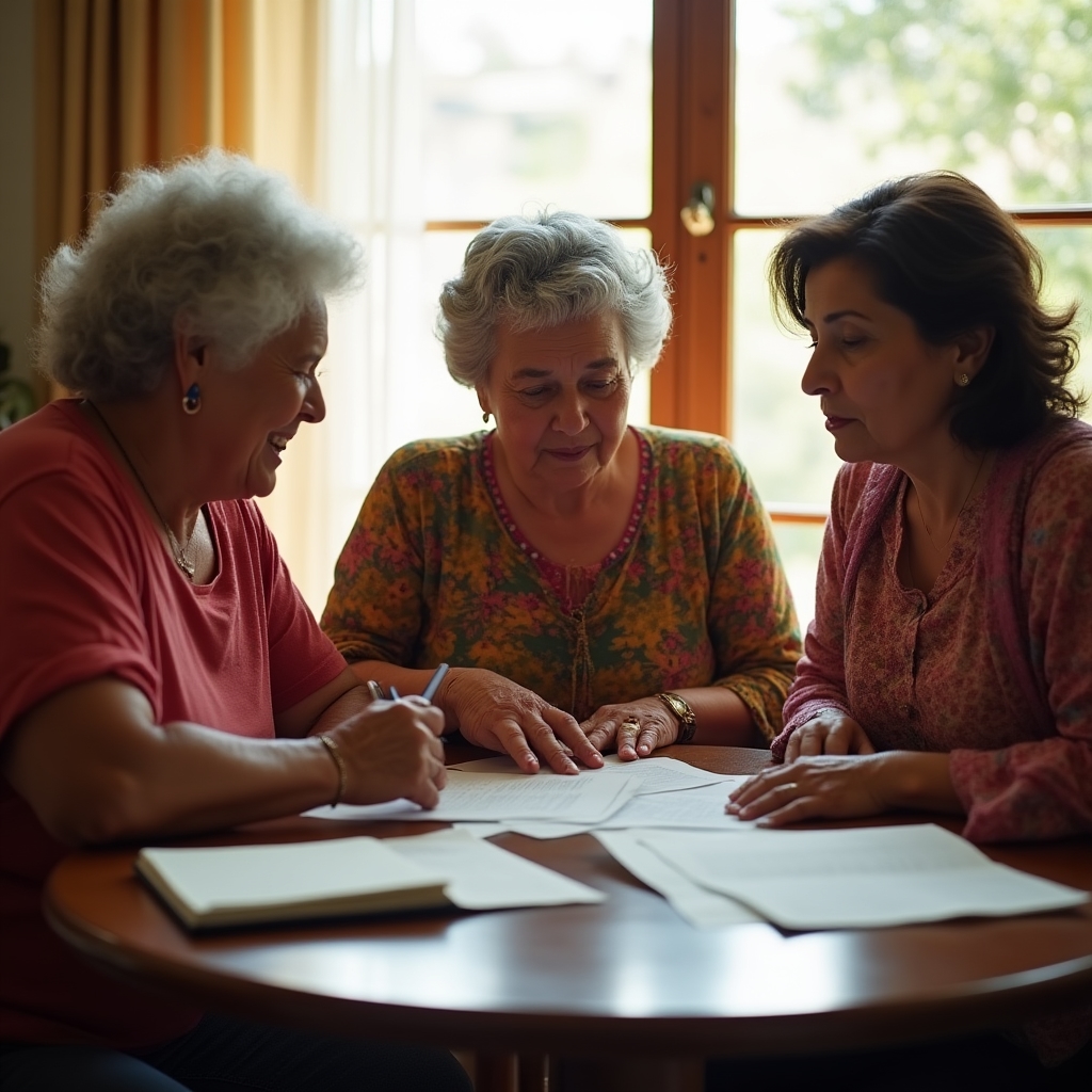 Group of older women in Ecuador discussing personal finances together